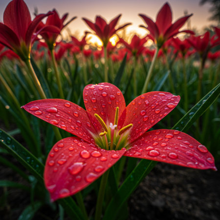 Beautiful red lily with raindrops on the petals.の素材