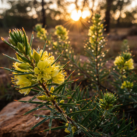 Yellow rhododendron flowers in the forest at sunset.の素材