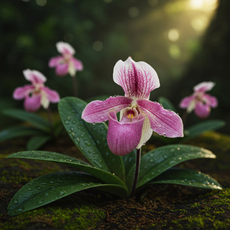 Paphiopedilum orchid flower blooming in the gardenの素材
