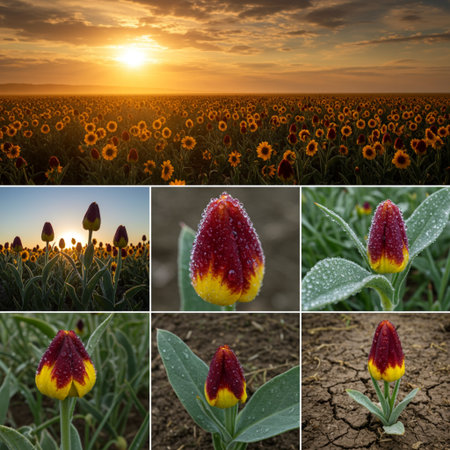 Collage of tulips in a field with sunflowers at sunsetの素材