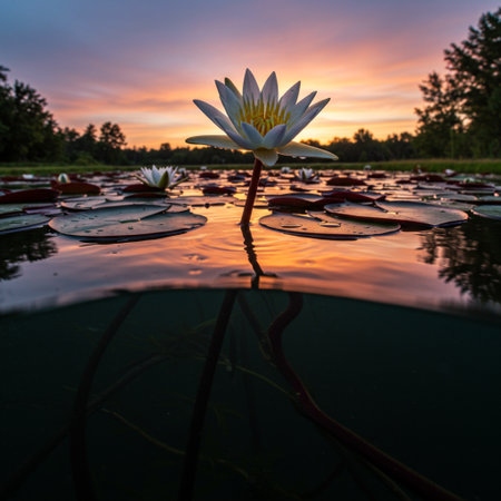 Beautiful white lotus flower on the lake at sunset in summerの素材