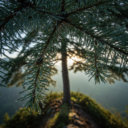 Pine tree branch with morning dew drops on the needles.の素材