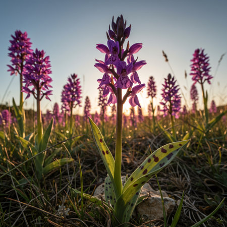 Beautiful purple wild orchids blooming in the field at sunsetの素材