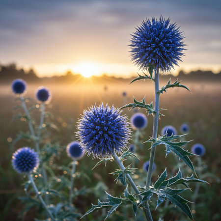 Beautiful blue thistles on the field at sunrise in summerの素材