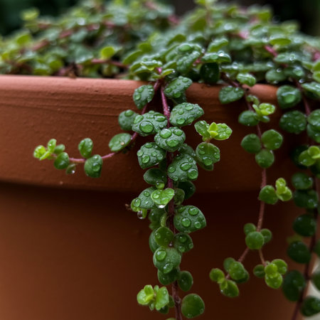 Close up of succulent plant in terracotta pot with water dropsの素材