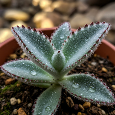 Close up of small succulent plant with water droplets on leavesの素材