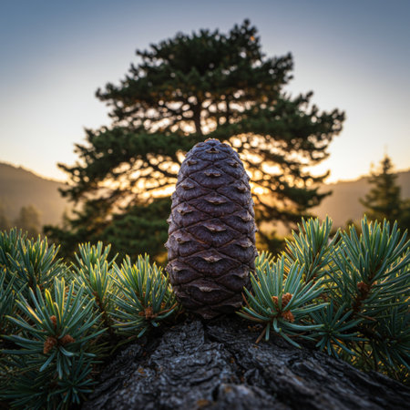 Pine tree and cone in the forest at sunrise. Beautiful natural background.の素材