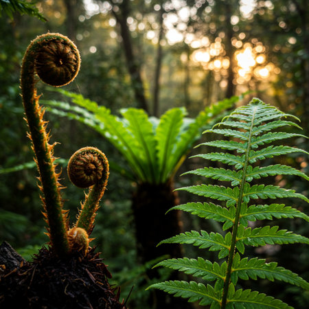 Ferns in the rainforest at sunset, natural background.の素材