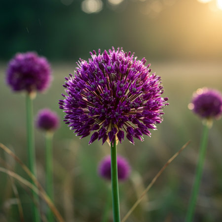 Purple Allium flower blooming in the meadow at sunsetの素材