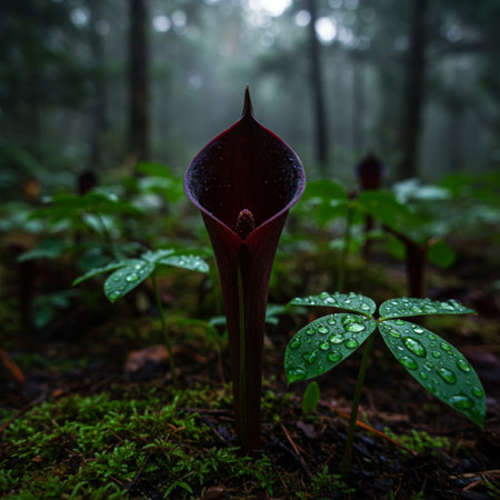 Purple flower with raindrops on its petals in the forestの素材