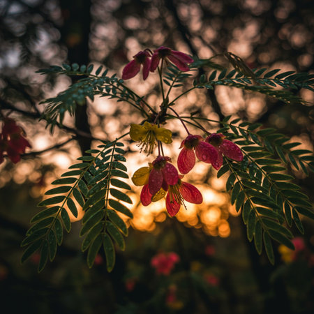 Beautiful red flowers on a tree in the forest at sunset.の素材