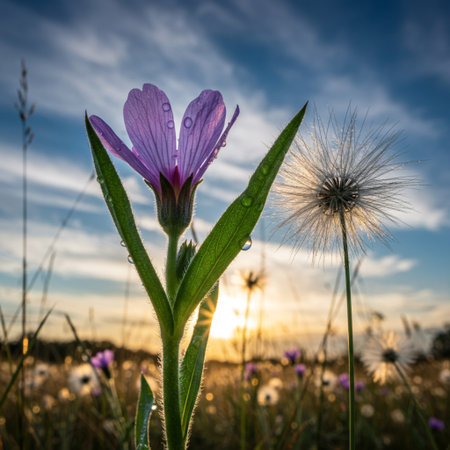 Wildflowers in the meadow at sunset. Nature composition.の素材