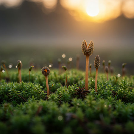 Horsetail moss growing in the forest at sunrise. Shallow depth of field.の素材