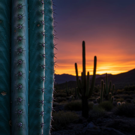 Cactuses at sunset in Saguaro National Park, Arizonaの素材
