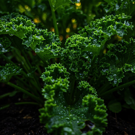 closeup of fresh green kale leaves with dew drops in vegetable gardenの素材