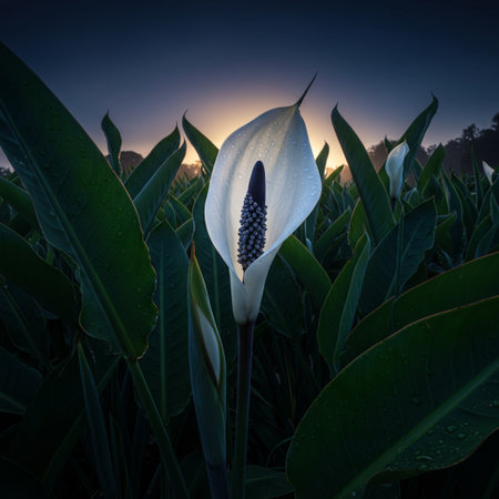 White Spathiphyllum flower in the garden at sunsetの素材
