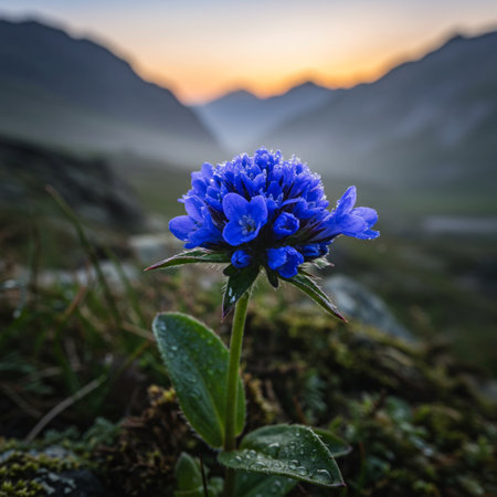 Alpine meadow with blooming blue flowers at sunrise, Switzerlandの素材