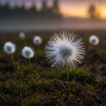 Dandelion flower in the meadow at sunrise, close upの素材