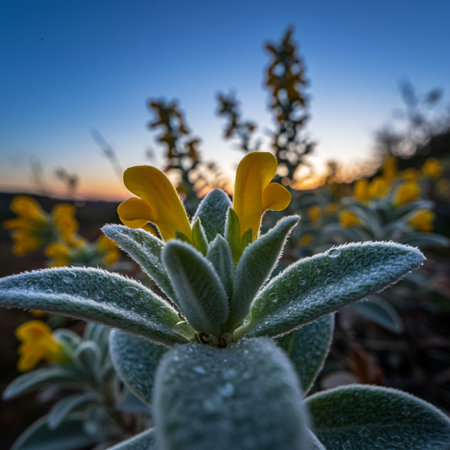 Close up of yellow flowers in the garden at sunset. Nature backgroundの素材