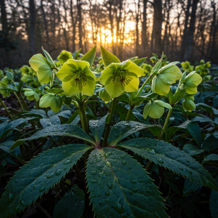 Green hellebore flowers in the forest at sunrise. Helleborus niger.の素材