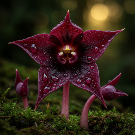 Beautiful red flower with dew drops after rain in the forestの素材