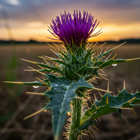 Milk Thistle (Cirsium vulgare) at sunset.の素材