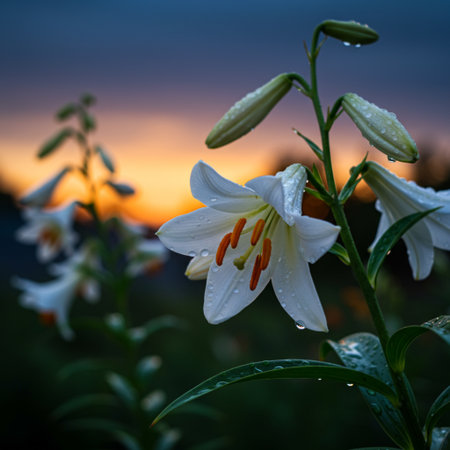 White lily flowers with raindrops on the petals at sunsetの素材