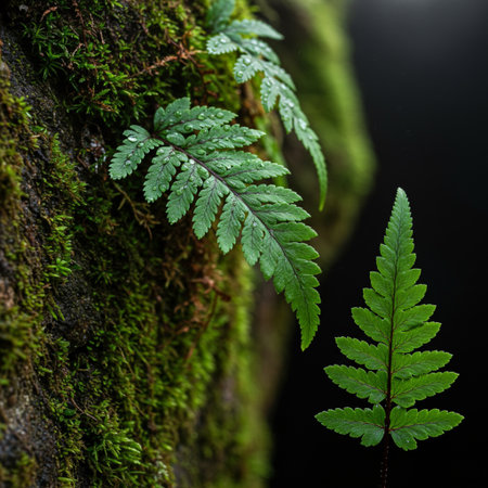 Green fern leaves on a mossy tree trunk over black backgroundの素材