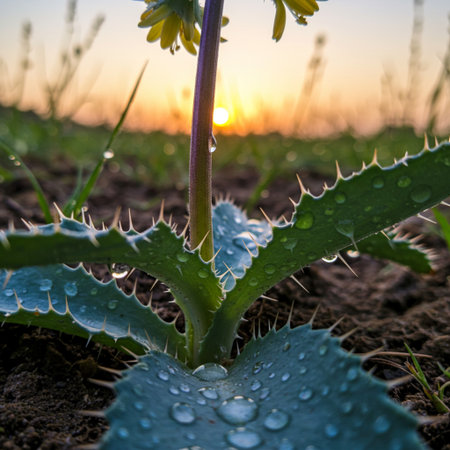 Aloe vera plant with dew drops on the leaves at sunsetの素材