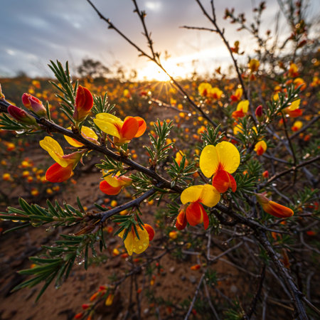 Beautiful yellow flowers on the bush in the desert at sunset.の素材