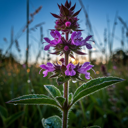 Purple wildflowers in the meadow at sunset. Beautiful summer landscape.の素材