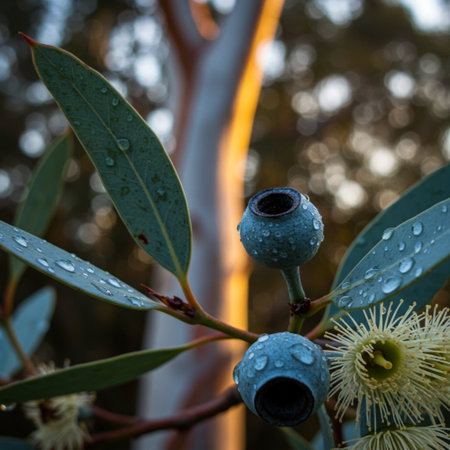 Eucalyptus tree with fruits and leaves close-upの素材