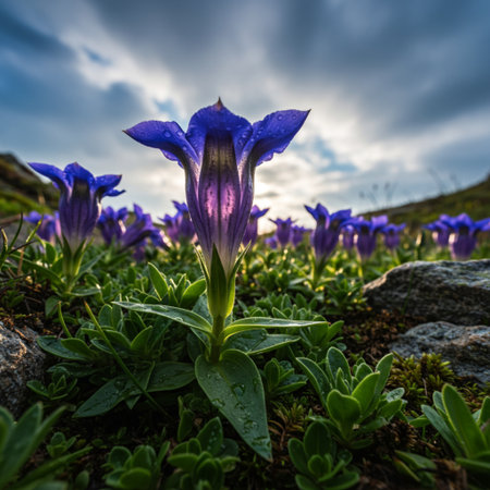 Gentian flowers in the mountains. Dolomites, Italyの素材