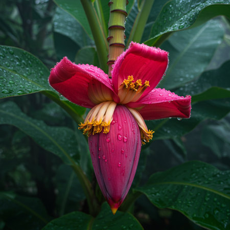 Banana blossom with rain drops on the petals and green leaves backgroundの素材