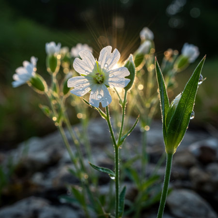 White wild flowers with dew drops in the morning light. Selective focus.の素材