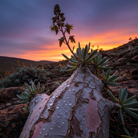 Sunset in the mountains with cacti and succulentsの素材