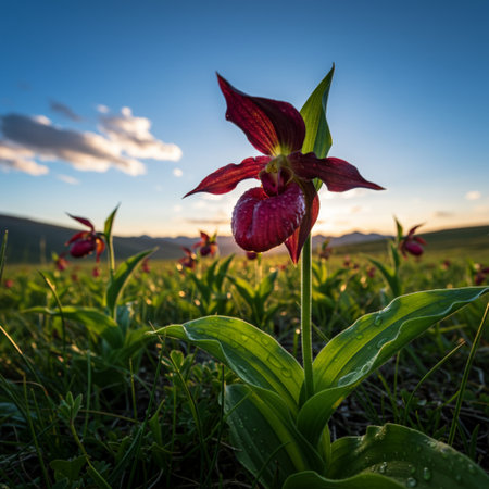 Beautiful blooming lady's slipper orchid (Cypripedium calceolus) in the field at sunset.の素材