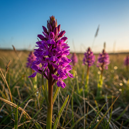 Beautiful purple wild orchid (Dactylorhiza majalis) in the field at sunsetの素材