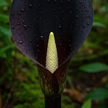Close-up of a black calla lily in the rainの素材
