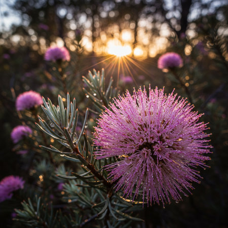 Beautiful flowers in the forest at sunset. Shallow depth of field.の素材