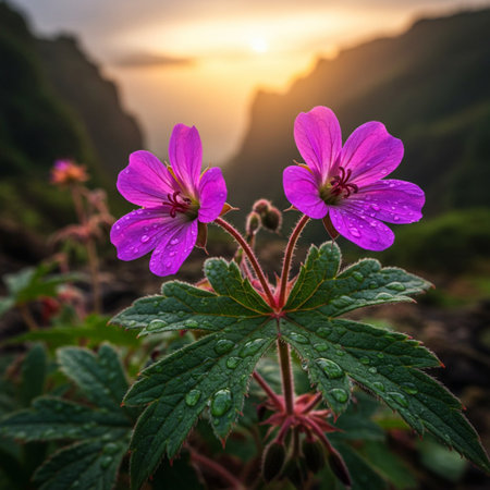 Geranium cranesbills (Geranium sylvaticum) with sunrise in the backgroundの素材