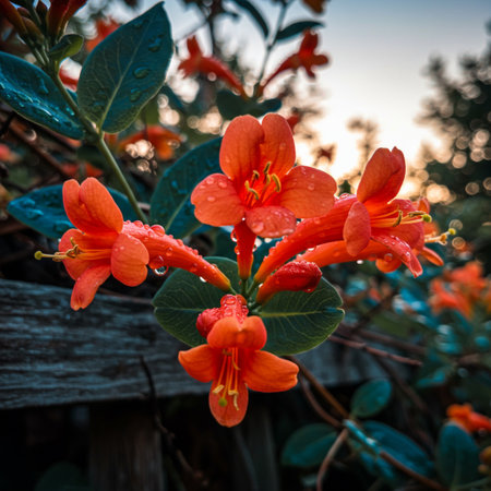 Beautiful orange honeysuckle flowers with drops of water after rain.の素材