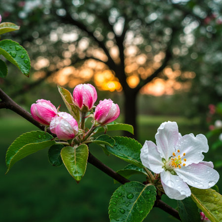 Blossoming apple tree in the garden at sunset. Beautiful spring backgroundの素材