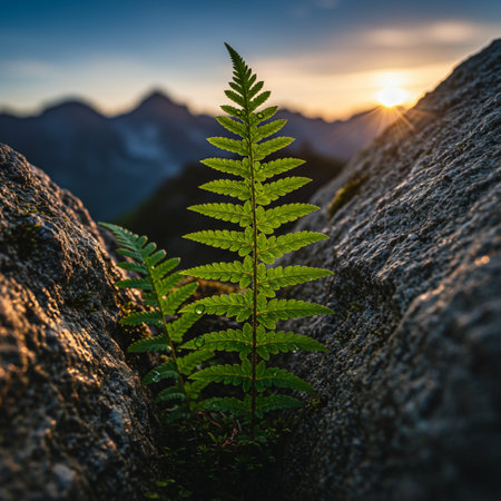 Fern leaves on a rock in the mountains at sunset. Natural backgroundの素材
