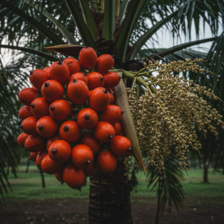 Betel palm tree with bunch of red betel nut fruits.の素材