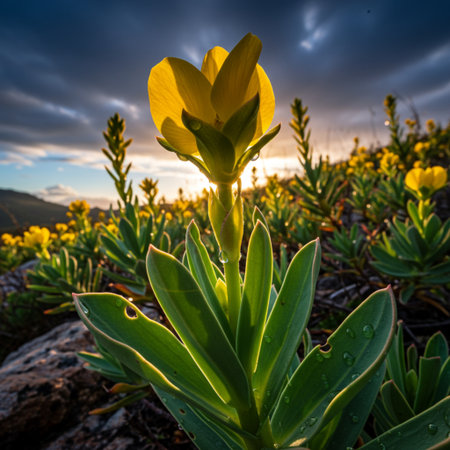 Yellow flower on the background of the sky with clouds at sunset.の素材
