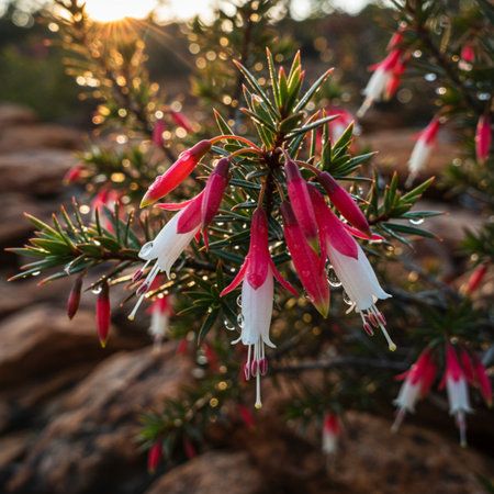 native Australian pink heather plant outdoor in sunny backyard shot at shallow depth of fieldの素材