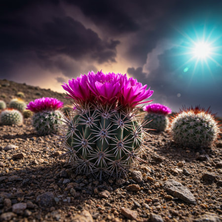Cactus flower in the desert at sunset with rays of light.の素材