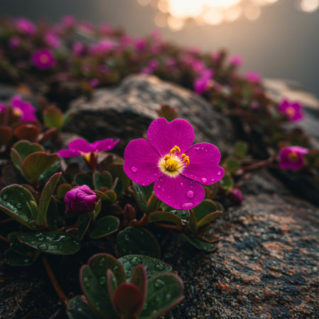 Purple flowers with morning dew on the rock at sunset.の素材