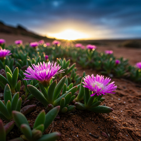 Carpobrotus edulis in the desert at sunsetの素材